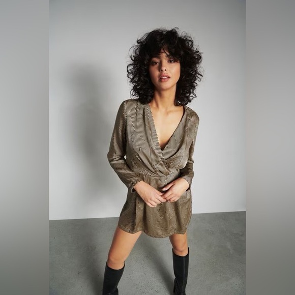 Dresses & Skirts - V-Neck Long Sleeve Mini Dress with Subtle Stripes